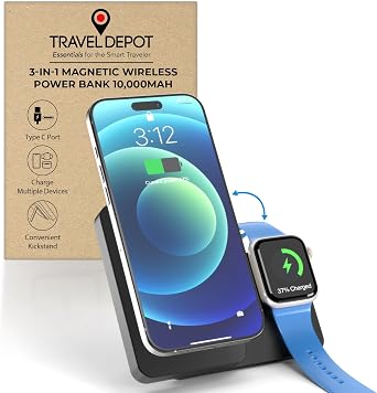 Travel Depot Magnetic Wireless Power Bank, 3-in-1 Portable Charger 10000mAh w/Kickstand, Battery Pack for MagSafe Charging Station for iPhone 17/16/15/14/13 Apple Watch & AirPods 15W Charger w/Stand