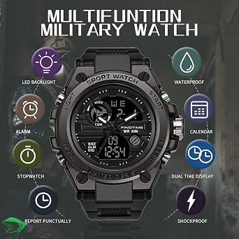 men's sports watches military outdoor large watch digital and analogue two time zones led display calendar for men and boys