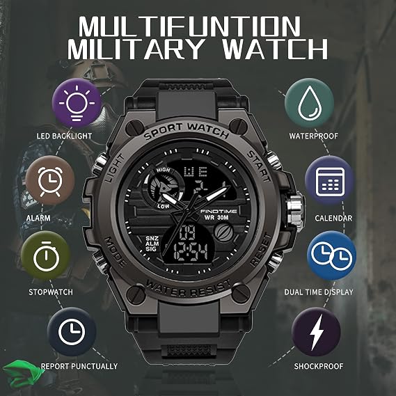 men's sports watches military outdoor large watch digital and analogue two time zones led display calendar for men and boys