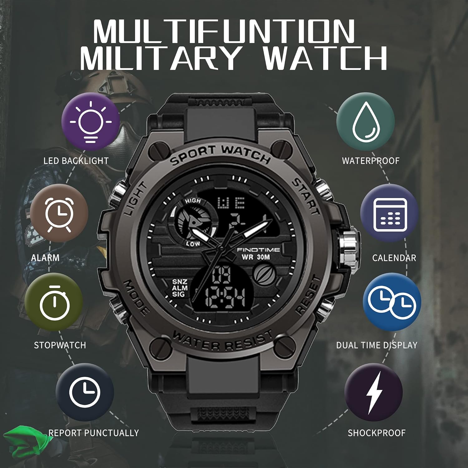 findtime Military Watches for Men Waterproof Tactical Watches Men Army Digital Sports Outdoor Stopwatch LED Survival Tough Electronic Alarm Clock Black Gold Wrist Watch - Image 3