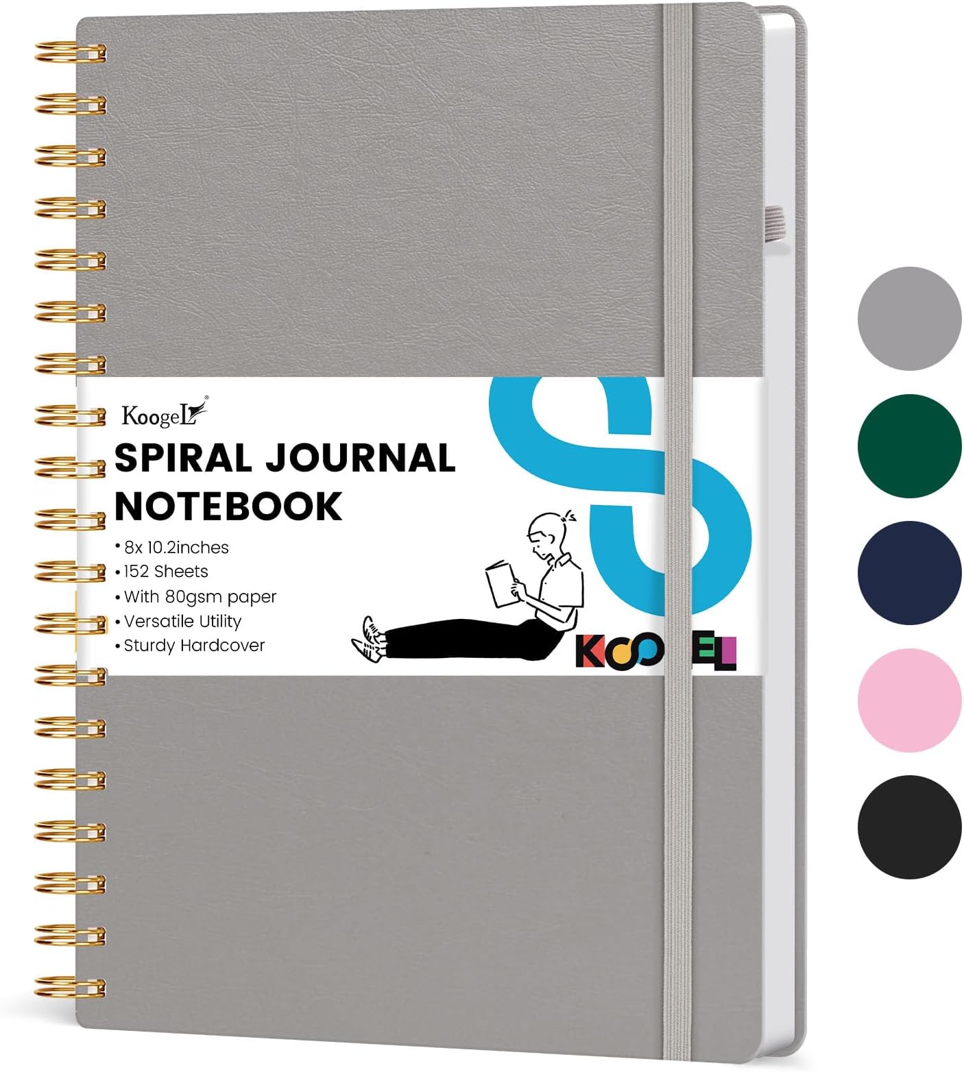 Koogel Grey B5 Spiral Journal Notebook, Hardcover Notebook with 300 Numbered Pages Wide Ruled Journal for Writing Work School