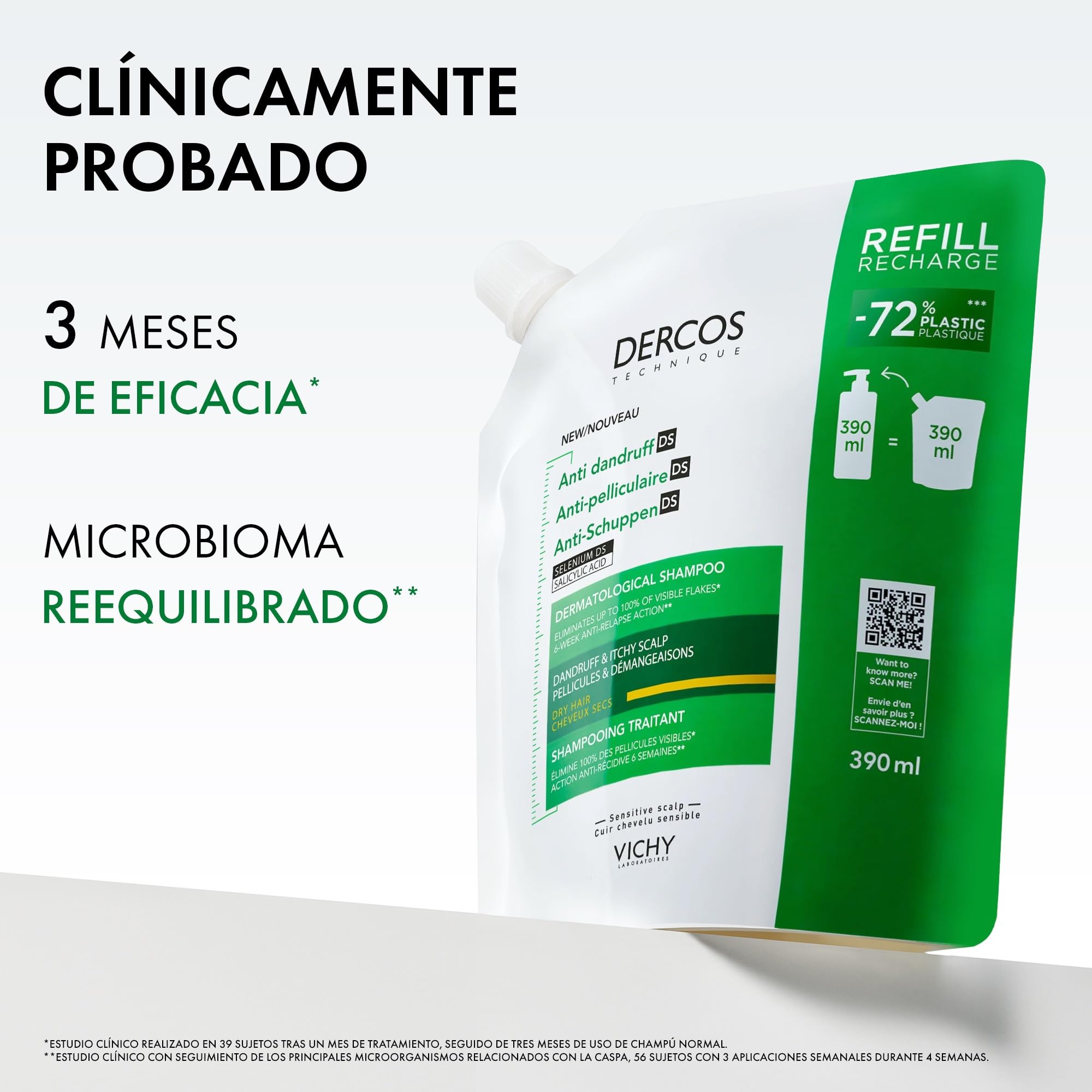 Vichy Champú Anticaspa, Cabellos Seco, Elimina la Caspa y Reduce los Picores, Cuero Cabelludo Limpio y Sano, Doble Eficacia, Unisex, Dercos Technique, Refill 390 ml