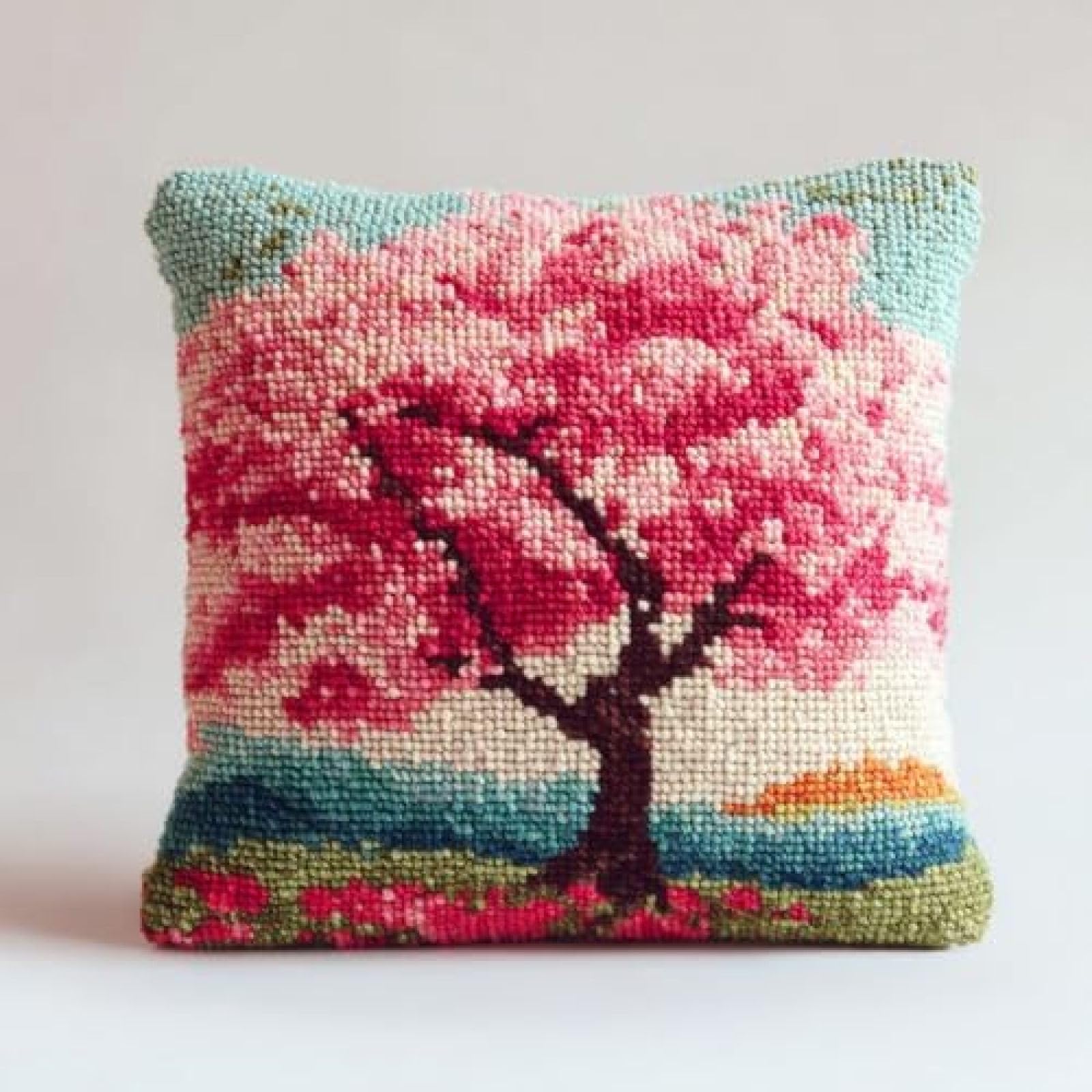 kitphoenix Latch Hook Pillow Cover Making Kit for Adults Beginners,Cherry Blossom Tree,DIY Cushion Cover Craft Set with Yarn,Hook and Pre-Printed Canvas,43x43 cm