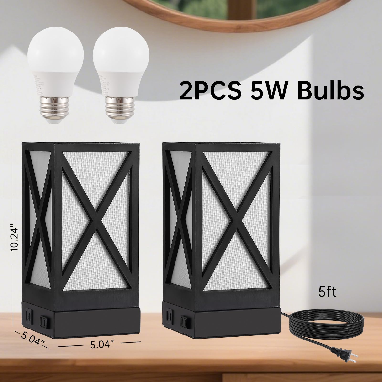 Tischlampe, rustikale Bauernhaus-Nachttisch-Lampen, 3 Farbtemperaturen, Schreibtischlampe mit USB-Ladeanschlüssen, AC-Steckdose, Vintage-Lampe für Wohnzimmer, Schlafzimmer, Schwarz, 2 Stück