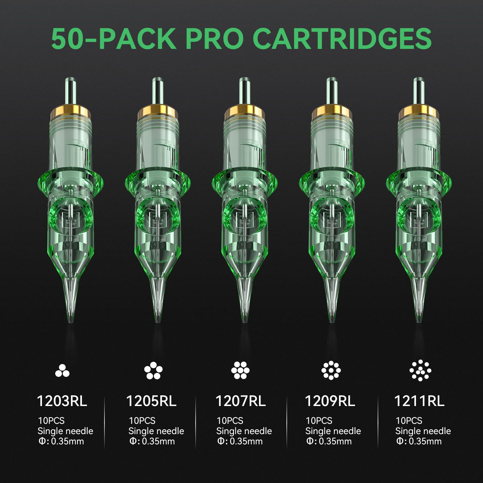 RHEIN Cartuchos desechables Set de agujas mixtas 50PCS #12 Estándar redondo forro 3RL 5RL 7RL 9RL 11RL Accesorios para principiantes y artistas EN02R-50KIT-E