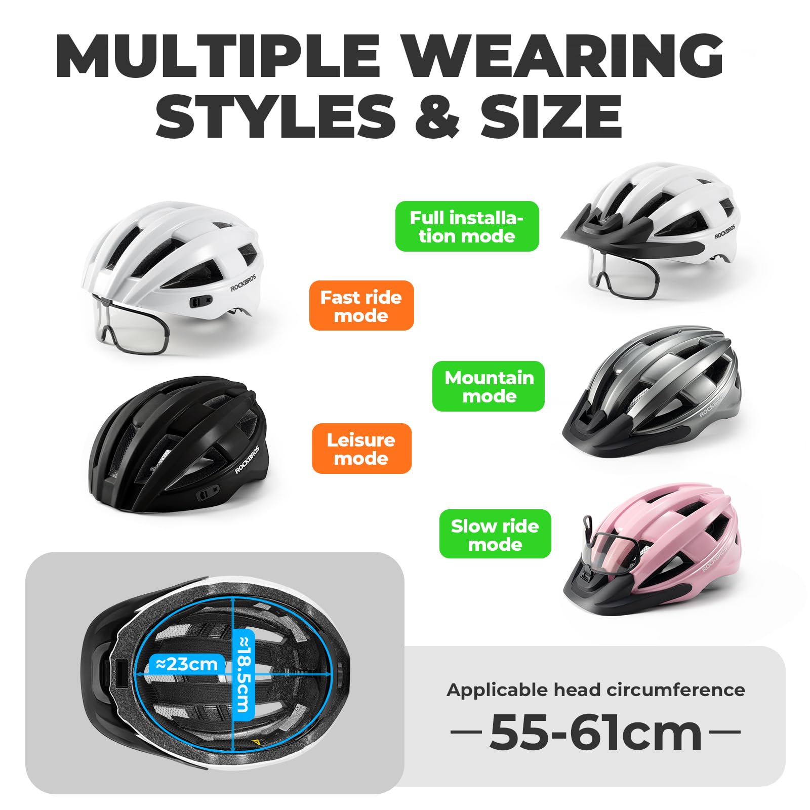 ROCKBROS Kask rowerowy ze zdejmowaną krawędzią, kask rowerowy z fotochromową ramką oddychająca siatka przeciw owadom dla dorosłych MTB rower szosowy ochrona głowy rozmiar 55-61 cm