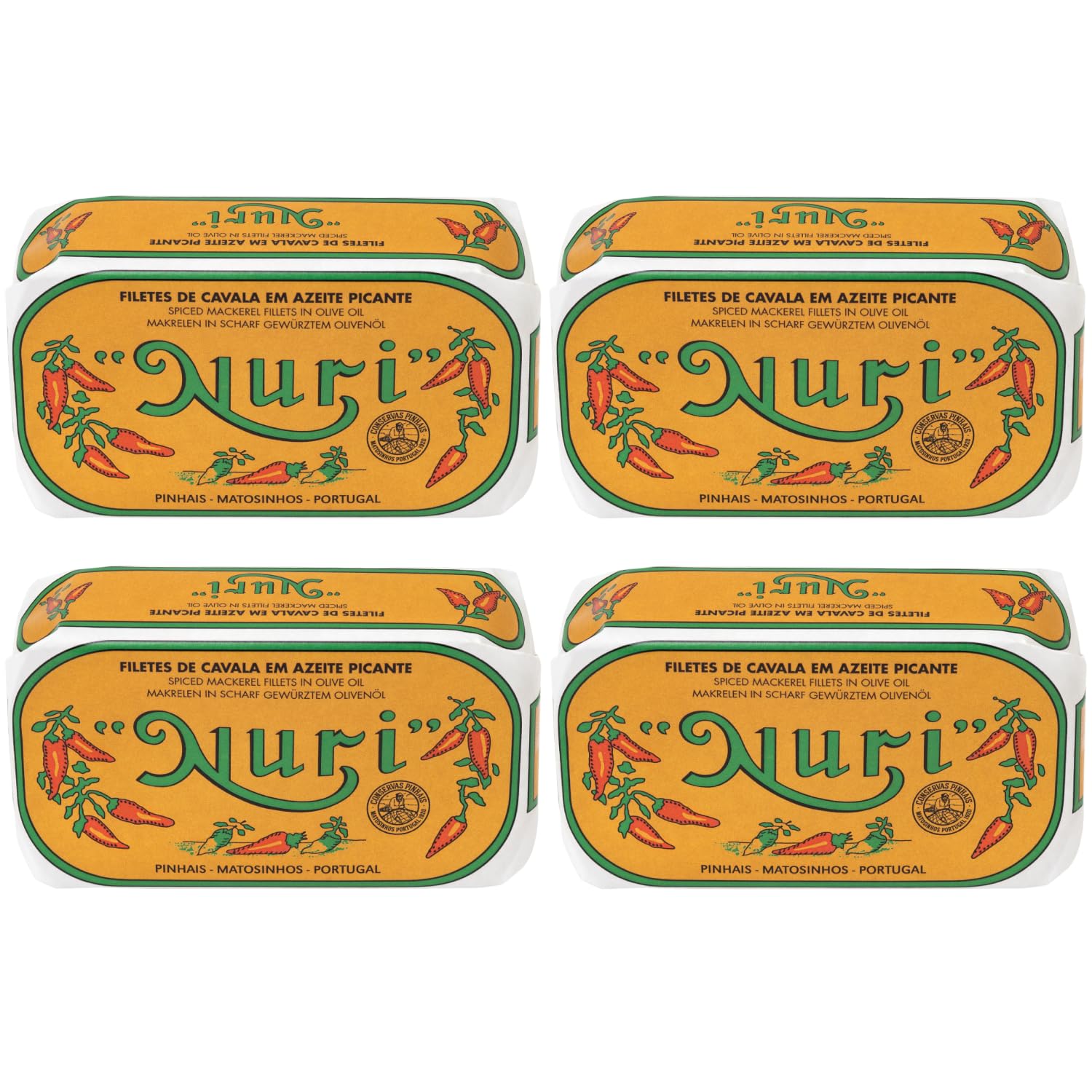 Nuri Mackerel Fillets Spiced in Olive Oil | 4 Pack | Product of Portugal | Premium Wild Caught, Hand Selected and Packaged | 100% Natural | Gourmet fish in 4.4 oz can (125 Gram)
