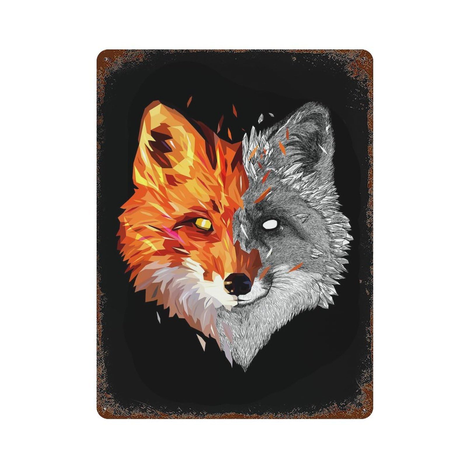 Fox GeoSketch 15.7"x11.8" Rustic Tin Plaque, Farmhouse Wall Decor for Basement, Hobby Room And Garage Decor
