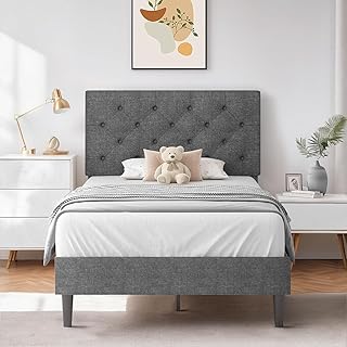 HOMBCK Twin Size Bed Frame, Linen Fabric Upholstered Bed Frame with Headboard, Grey Twin Bed Frame with Wood Slats, Button Price In India