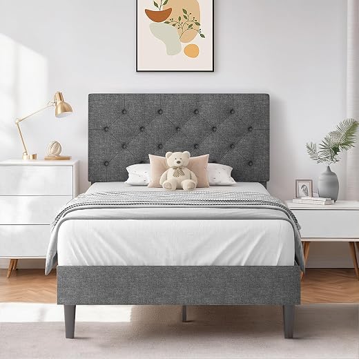 HOMBCK Twin Size Bed Frame, Linen Fabric Upholstered Bed Frame with Headboard, Grey Twin Bed Frame with Wood Slats, Button...