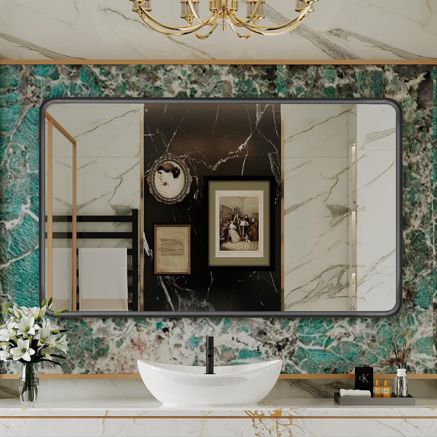 Black Framed Mirrors for Bathroom,55 x 36 Inch Rounded Conner Rectangle Mirror for Wall, Matte Black Vanity Mirror with Tempered Glass,Anti-Rust,Hangs Horizontally or Vertically Black 55"L x 36"W