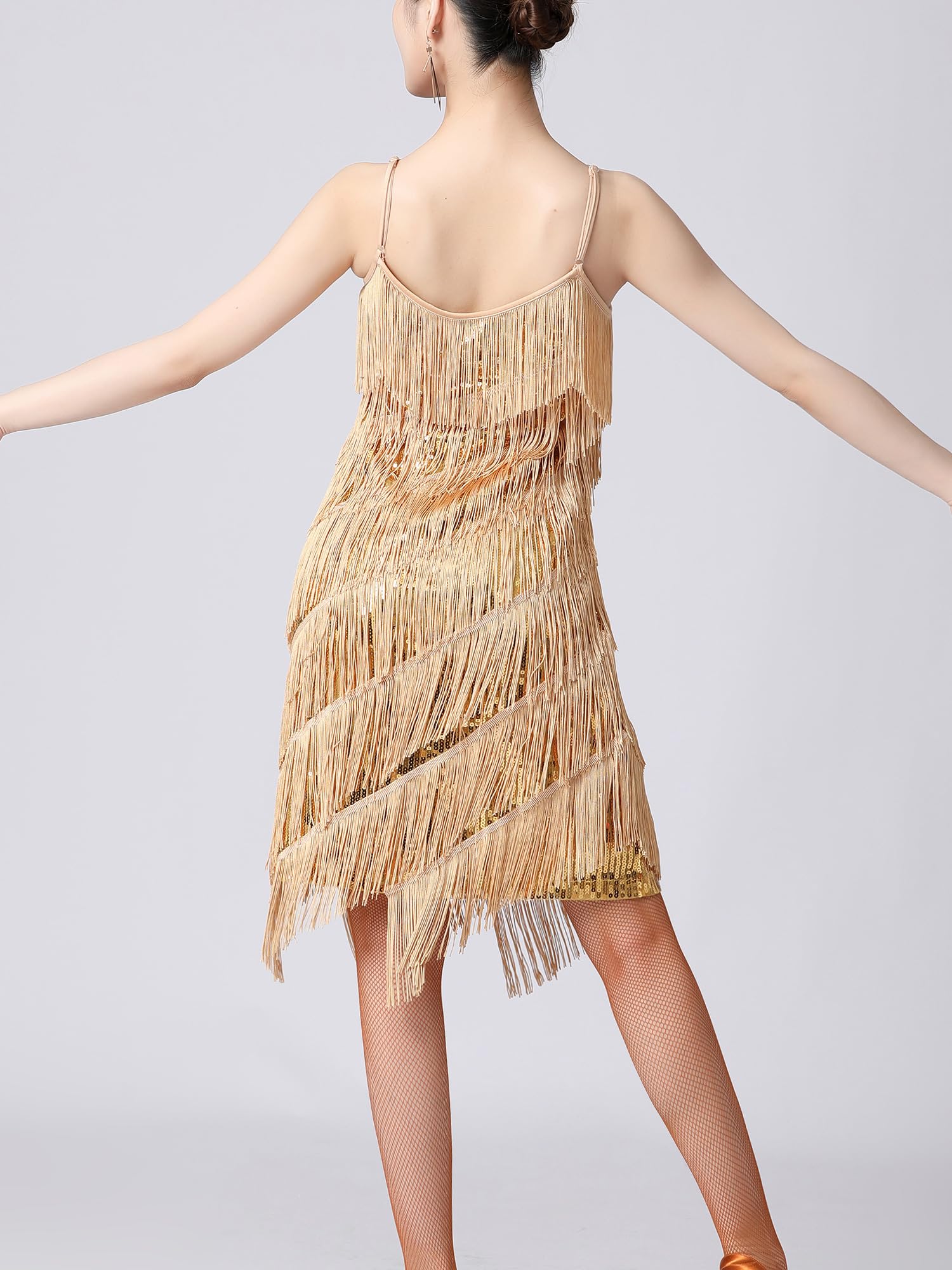 inhzoy Vestido de Baile Latino Lentejuelas para Mujer Vestido Flapper con Flecos de Lentejuelas Salsa Tango Salón de Baile Traje de Samba Chacha Disfraz Fiesta Dancewear
