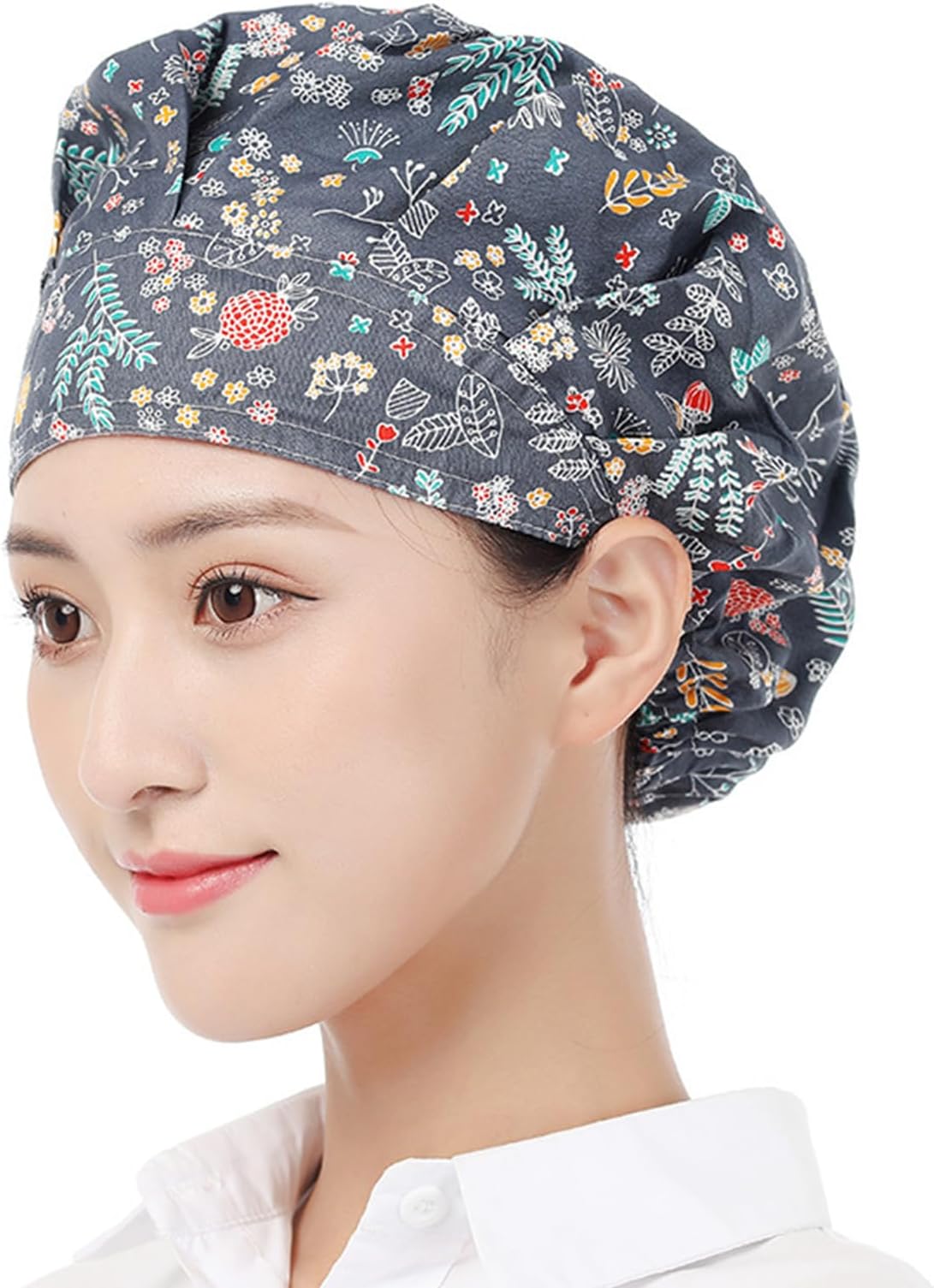 Chefs Hat,Stylish Kitchen Cap Keep Hair Neat Adjustable Elastic Chefs Hat Working Cap Trendy Floral Pattern for Cooking Baking, Navy Blue Flowers, As shown in the picture