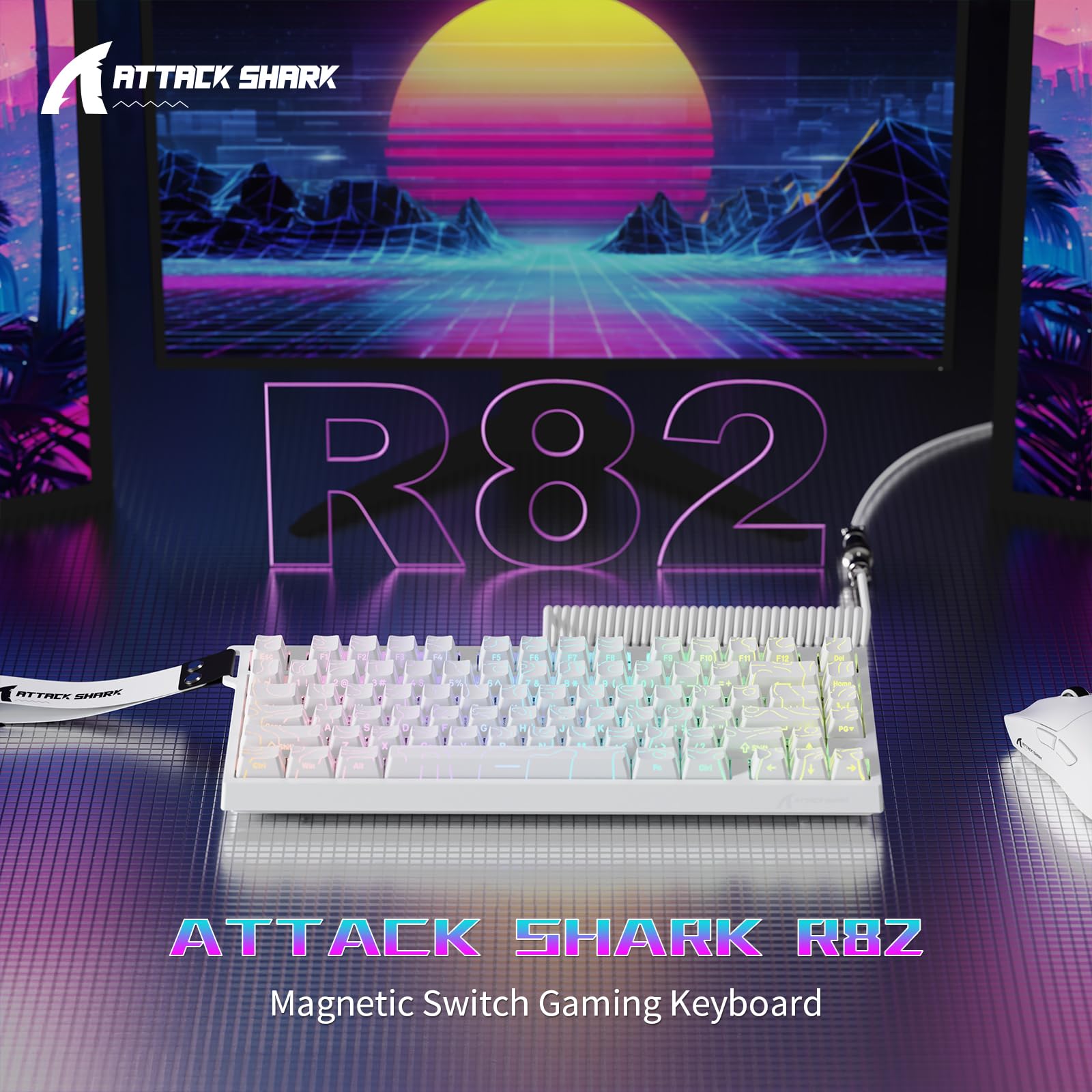 ATTACK SHARK R82 HE Clavier Gaming Filaire 75 %, Switch Magnétique, Polling Rate 8000 Hz, Précision Ultra de 0,005 mm RT, RVB, 5 Couches d’Absorption Sonore, avec Câble LED C01ULTRA(Contour Blanc)