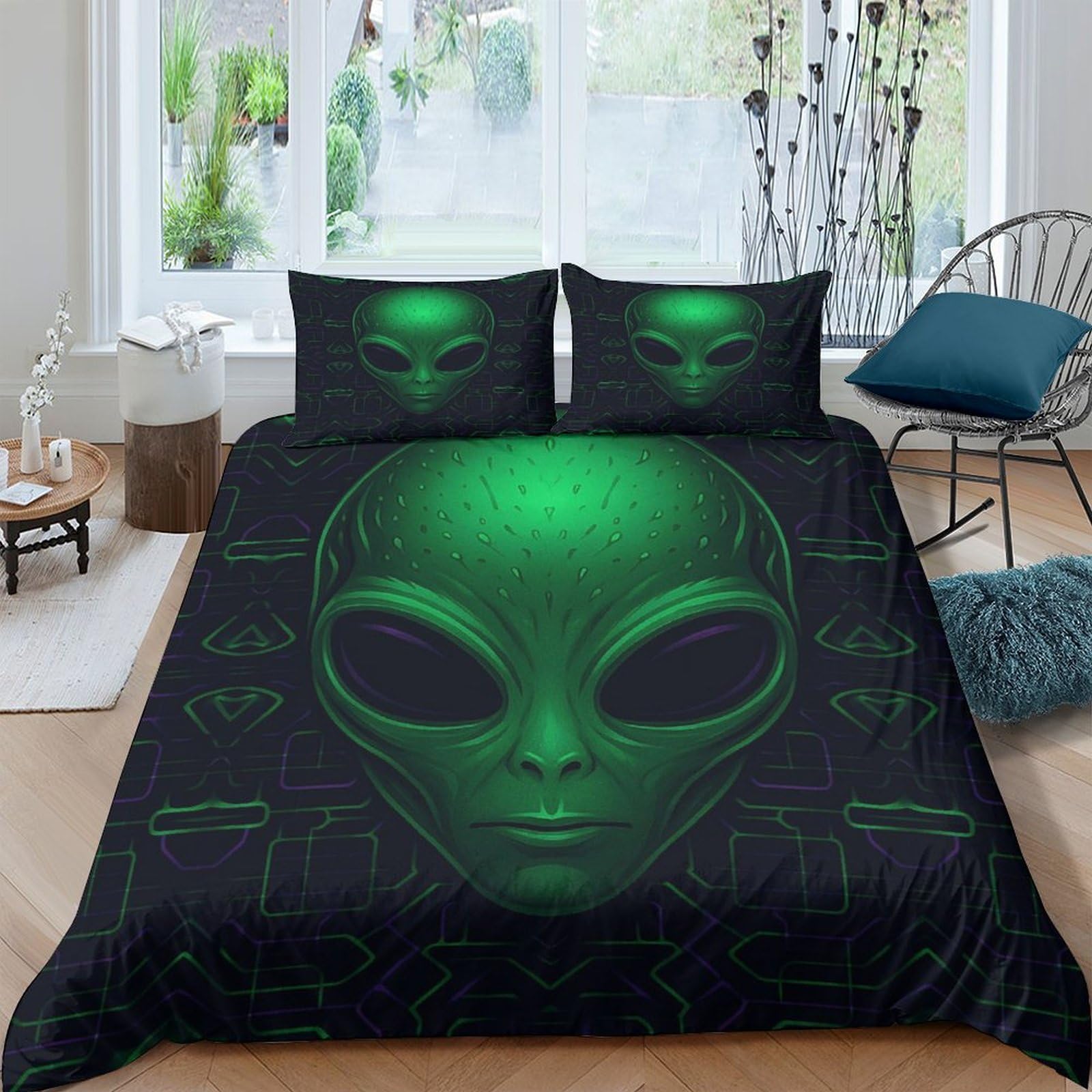 Ctjqhvkz Style-8 3D Printed Alien Face Fitted Sheet Microfiber Soft Black Green Bedroom Dorm Mattress Cover Decorative Protector Single（135X200cm）