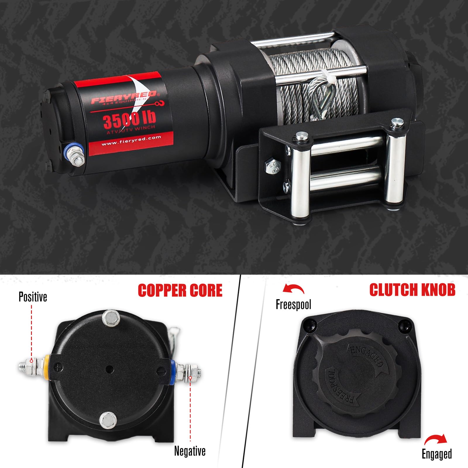 FIERYRED Treuil électrique 12 V 1 587,6 kg, kit de treuil câble en acier pour UTV ATV avec télécommande sans fil et treuil de récupération à commande filaire