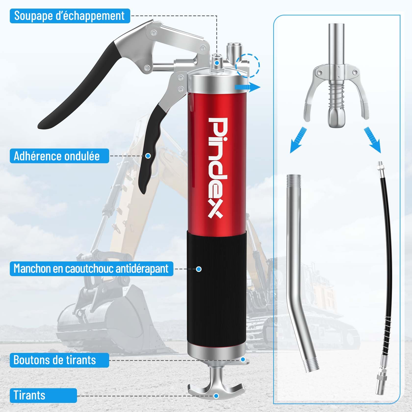 Pindex Pompe à Graisse Manuelle avec 10000PPSI Coupler, Pistolet graisseur pour Cartouche de Graisse 400cc avec 2 Rraccords de Graisse, Tuyau de 45cm Tube Métallique de 15cm | Pistolet à graisse à main avec mamelon de graissage, tuyau de 45 cm, tube en mé