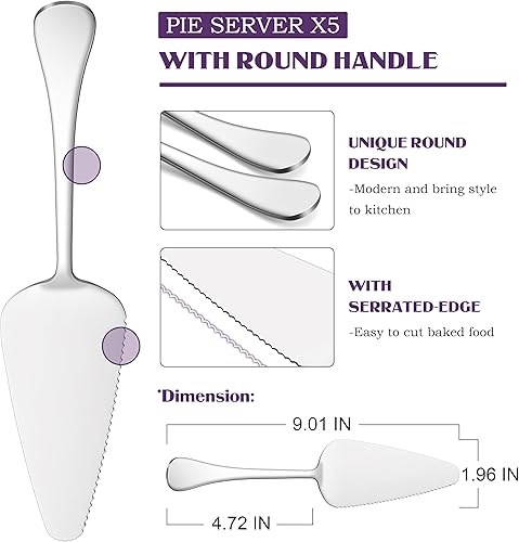 Miniatura 2 de E-far - Servidor de pastel de 5 piezas, cortador de espátula de acero inoxidable para pastelería queso pizza, borde dentado con mango redondo,