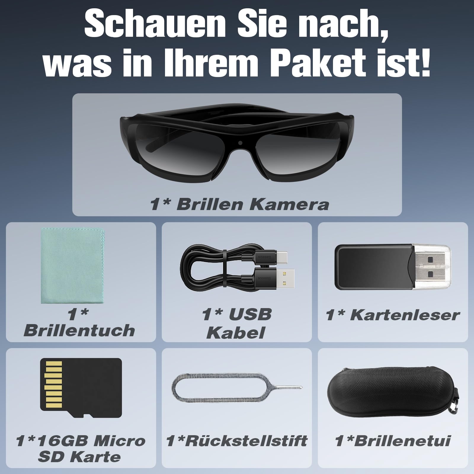 Klein Brillen Kamera HD 1080P, Tragbar Videorecorder ohne WLAN, Sonnenbrillen Action Kamera für Videoaufnahmen Für den Außeneinsatz mit 16GB Micro SD Karte