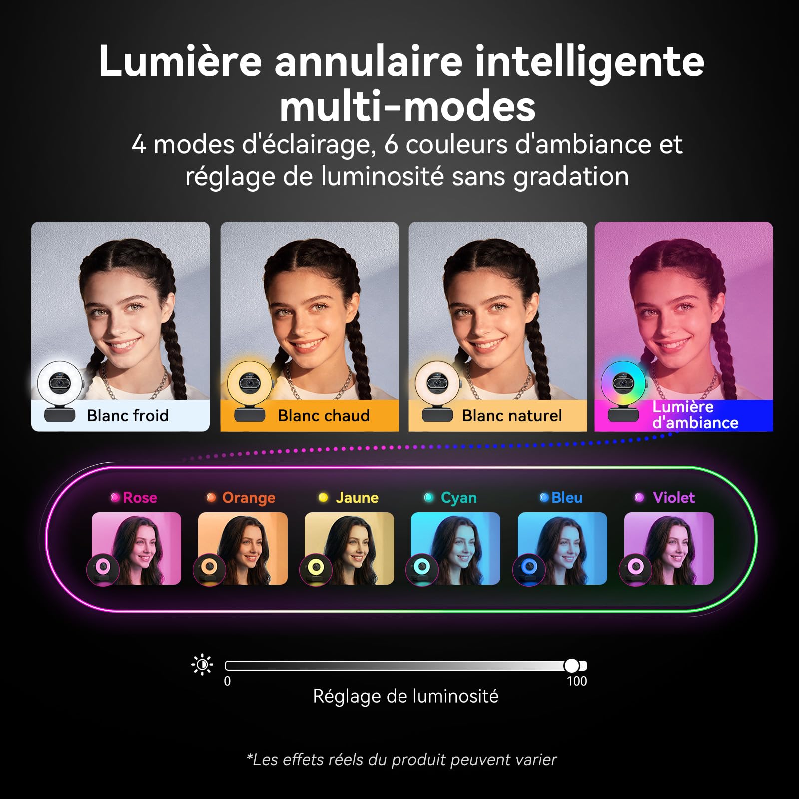 eMeet Webcam 4K S600L, 4 Modes d'éclairage, Effet Arc-en-Ciel, Capteur 1/2", Imagerie IA, PDAF 0,2 s, 2 Microphones, Molette de Réglage, Webcam 4K avec Lumière pour OBS/Twitch/Youtube/Zoom/PC/Mac