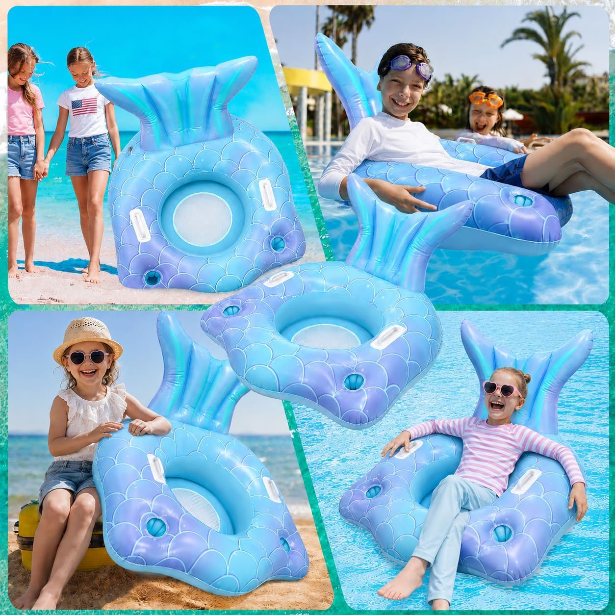 Premium Thickened Mermaid Pool Float for Kids - Inflatable Mermaid Tail Lounge Raft with Cup Holders, Backrest, Mesh Bottom and Handles Summer Water Fun Beach Party Swimming Pool Toys, Blue-to-Purple
