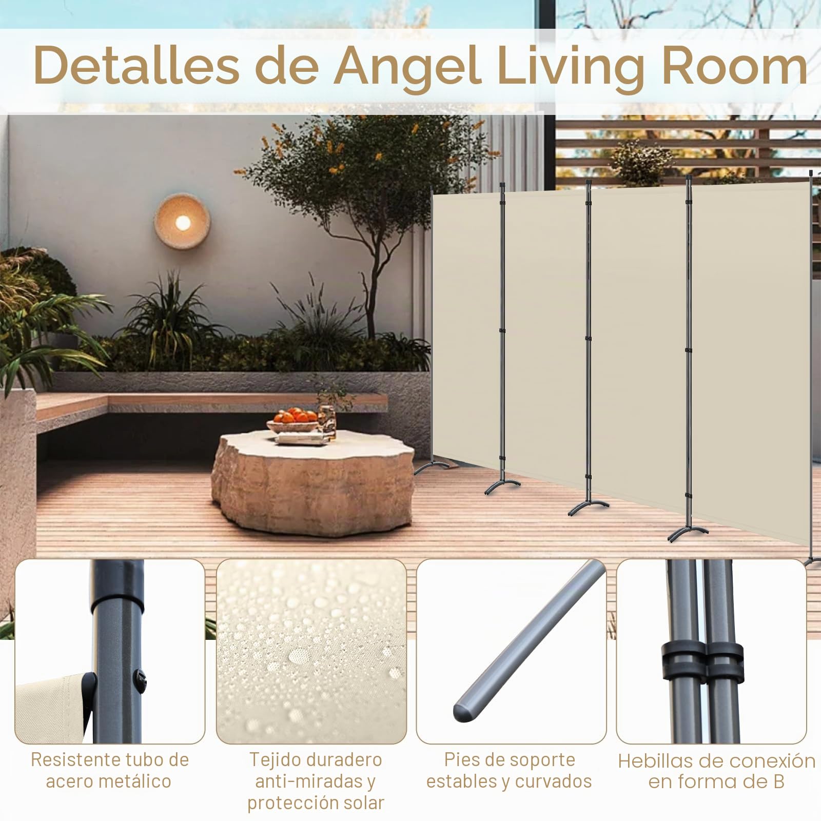 Angel Living Biombo Grande de 4 Paneles, Decoración Elegante, Separador de Ambientes Plegable, Divisor de Habitaciones, 324x169 cm (Beige)