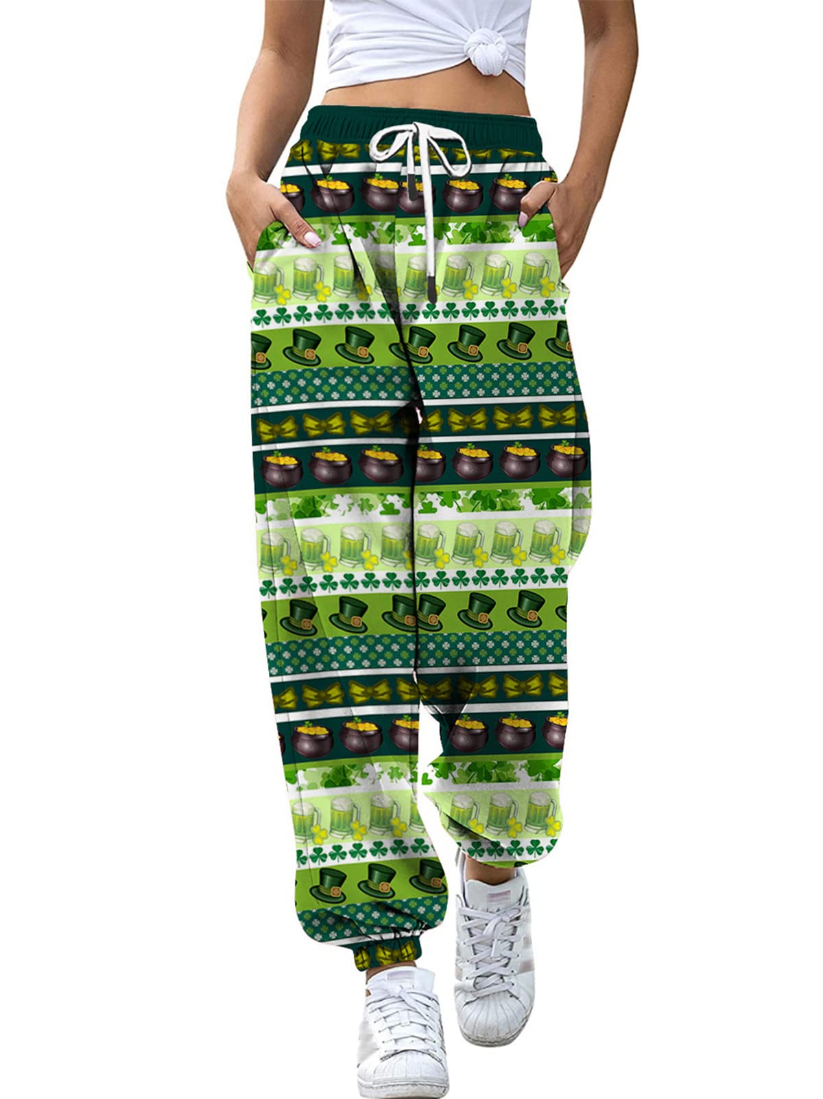 Mylleure Women St. Patrick's Day Baggy Sweatpants Pockets High Waist Print Patchwork Sport Athletic Jogger Pants Lounge Trousers