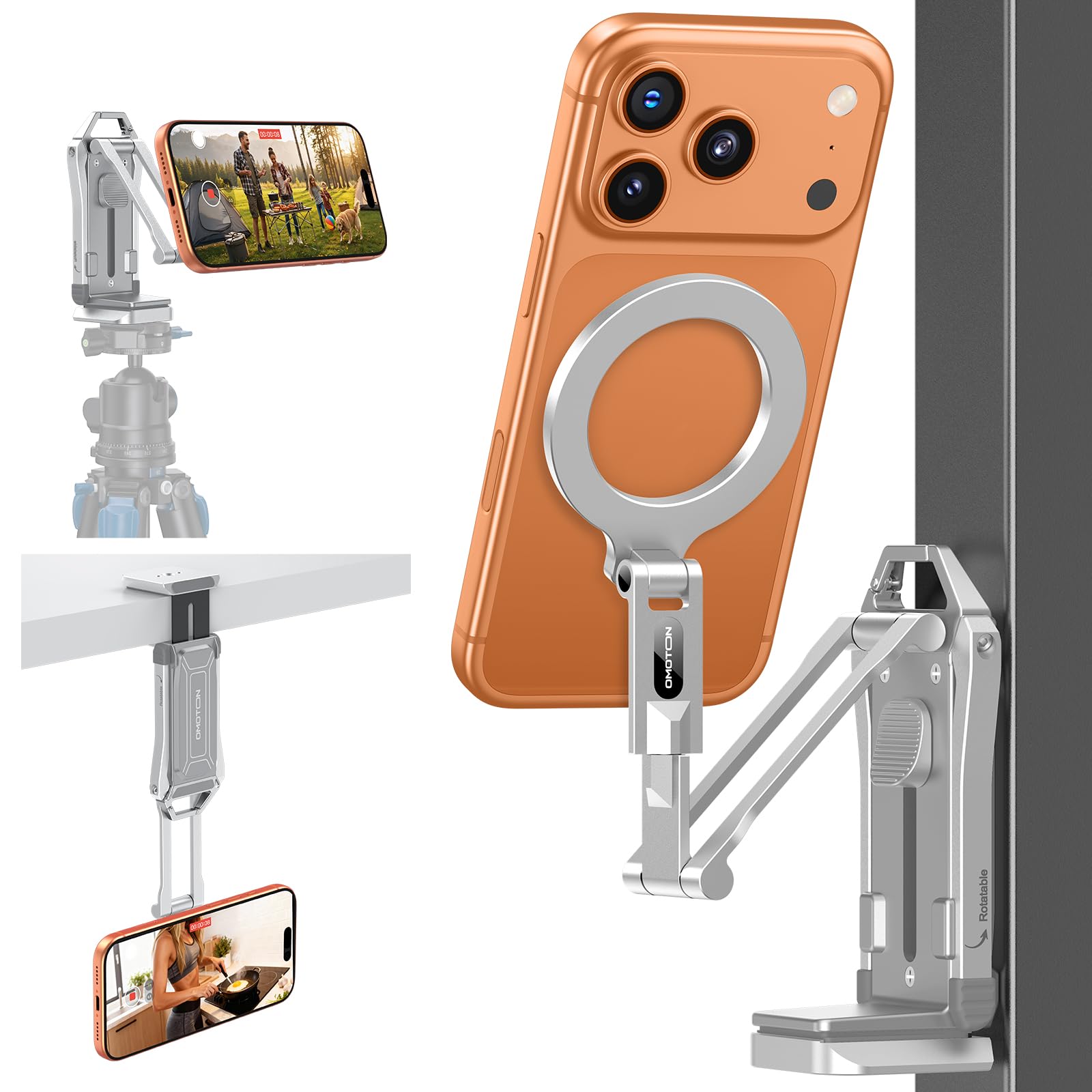 OMOTON TP02-Pro Magnetic Phone Holder, 5-in-1 Tripod Stand with Rear Attachment Plate | Desk, Kitchen, Gym, Vlogging | iPhone 12-17 Series, Silver