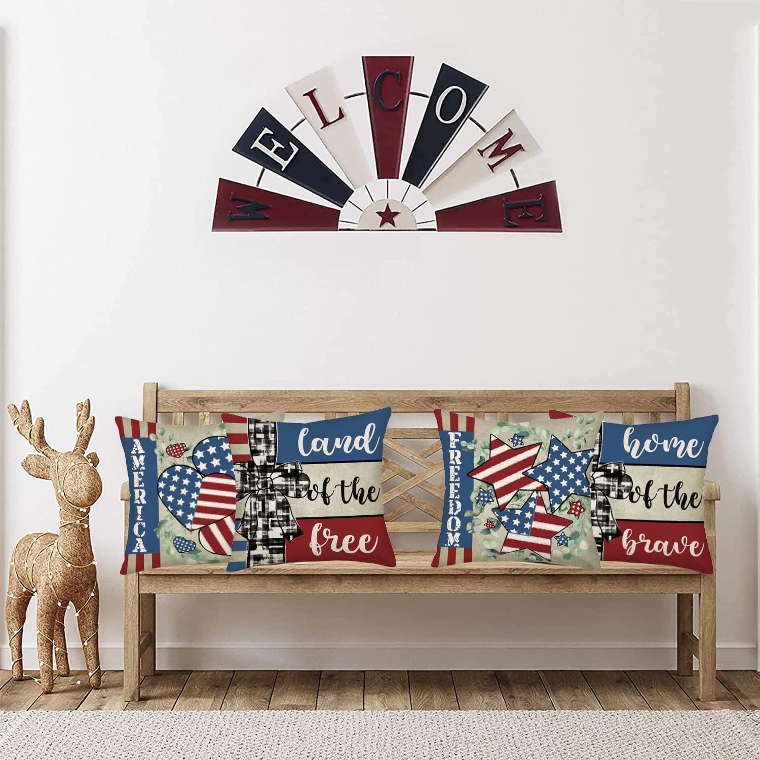 America Freedom Throw Pillow Covers 22x22 Inch Buffalo Plaid Bow Tie 4th of July Patriotic Stars Stripes Pillow Cover Memorial Independence Day Cushion Case for Sofa Couch Set of 4