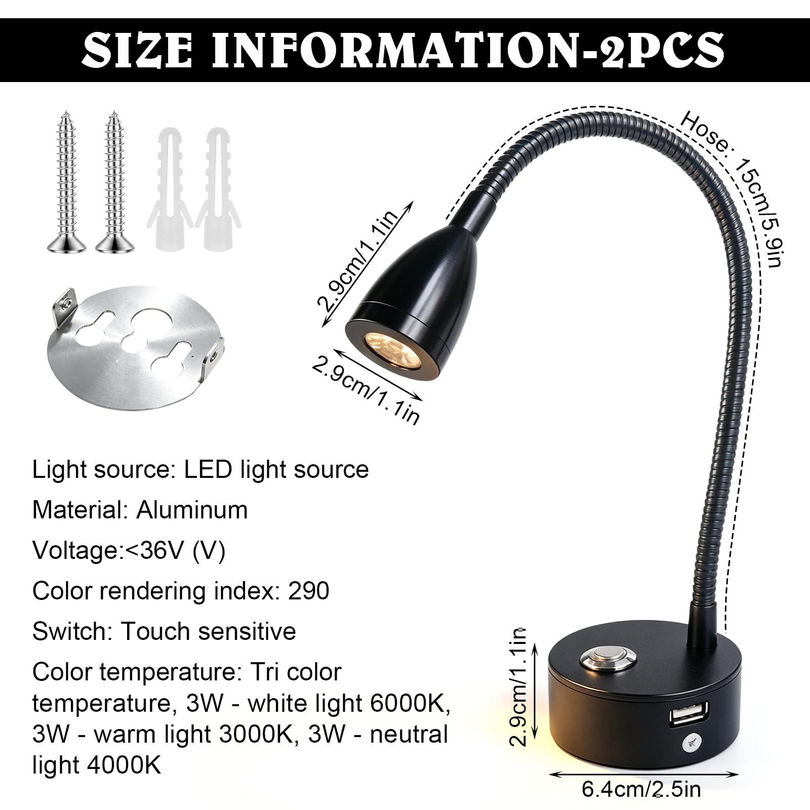 BYZESTY - Lámpara de lectura LED de 12 V, lámpara LED de 12 V, lámpara de lectura LED de 12 V, camping, lámpara de lectura de 12 V LED para autocaravanas y caravanas, 3 temperaturas, puerto USB