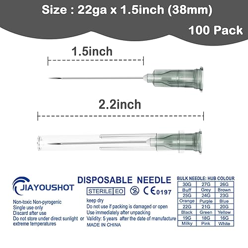 Miniatura 2 de 100 unidades - Aguja dispensadora de 22Ga de 1.5 pulgadas (38 mm), paquete individual de accesorios para jeringa de inyección con bloqueo Luer,