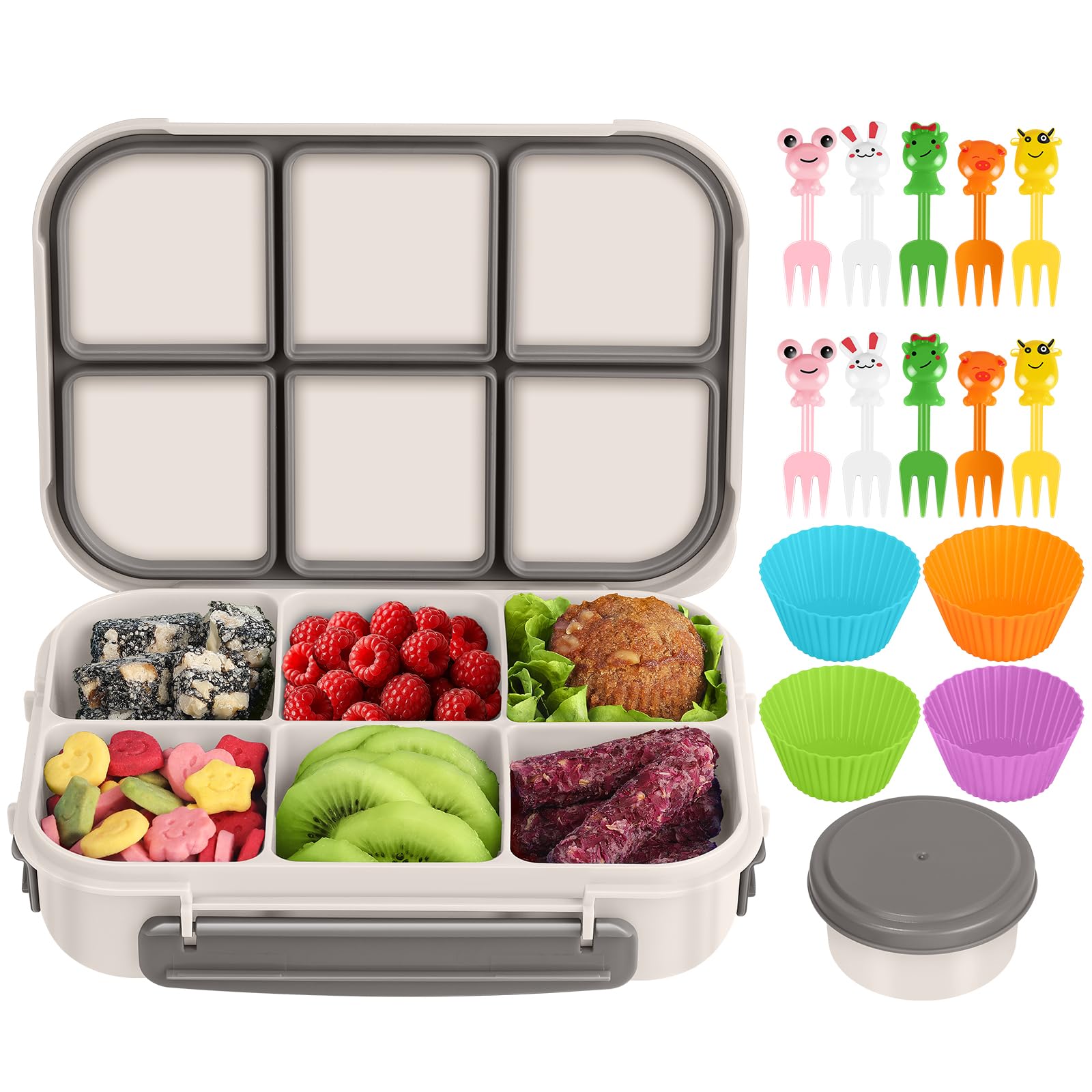 Amathley Brotdose Kinder mit FäChern,Bento Box Kinder,Brotdose Erwachsene,1200ml Lunchbox snackbox mit 6 FäChern,Saucenbehälter,10 Cartoon Bento Obstgabeln und 4 Muffinförmchen (Weiß)