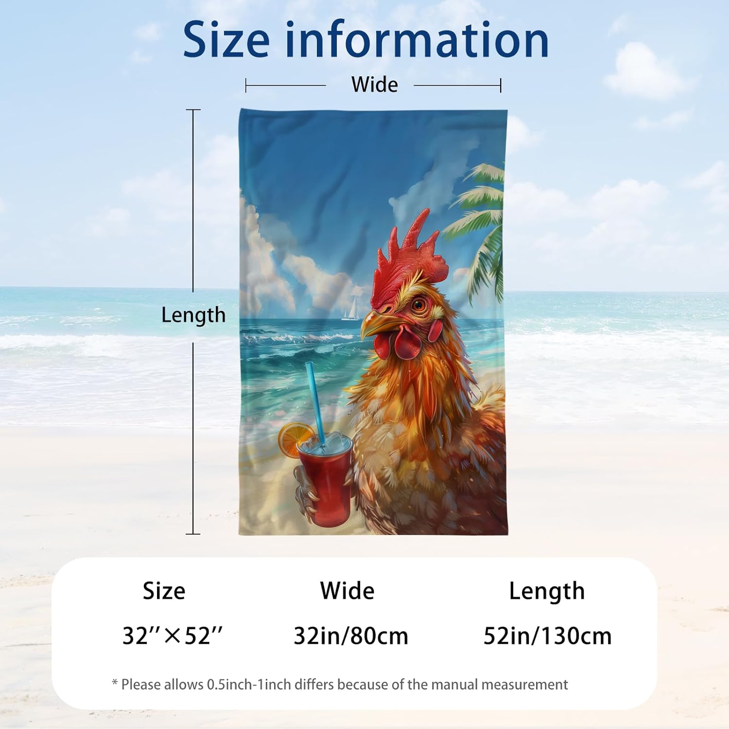 WZOMT Microfiber Chicken Beach Towel, Chicken with Drink on Beach Ocean Print Towels for Kids Adults, Soft Quick Dry Absorbent Bath Towel for Pool/Swim/Travel/Bathroom, Oversized 32x52 Inch