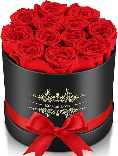 Jibeufi Forever Flowers - Rosa preservada en una caja, rosas 100% reales que duran hasta 3 años, rosas inmortales de 12 piezas para entrega, regalo