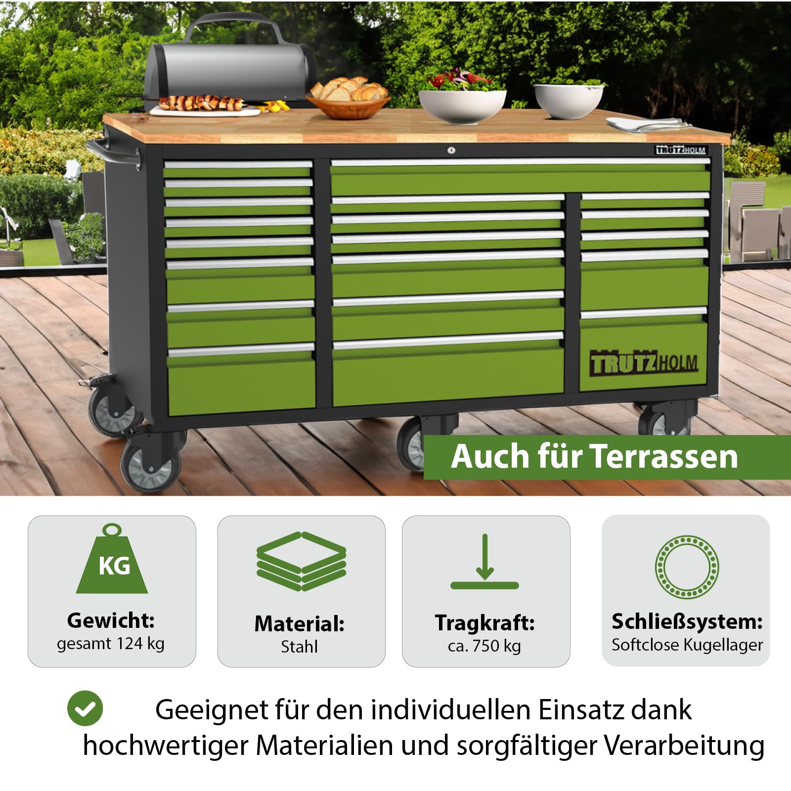 TRUTZHOLM Werkstattwagen Mobile Werkbank Deluxe XXL 20 Schubladen Werkzeugwagen Rollwagen 4 Schubladen 135 TLG. bestückt