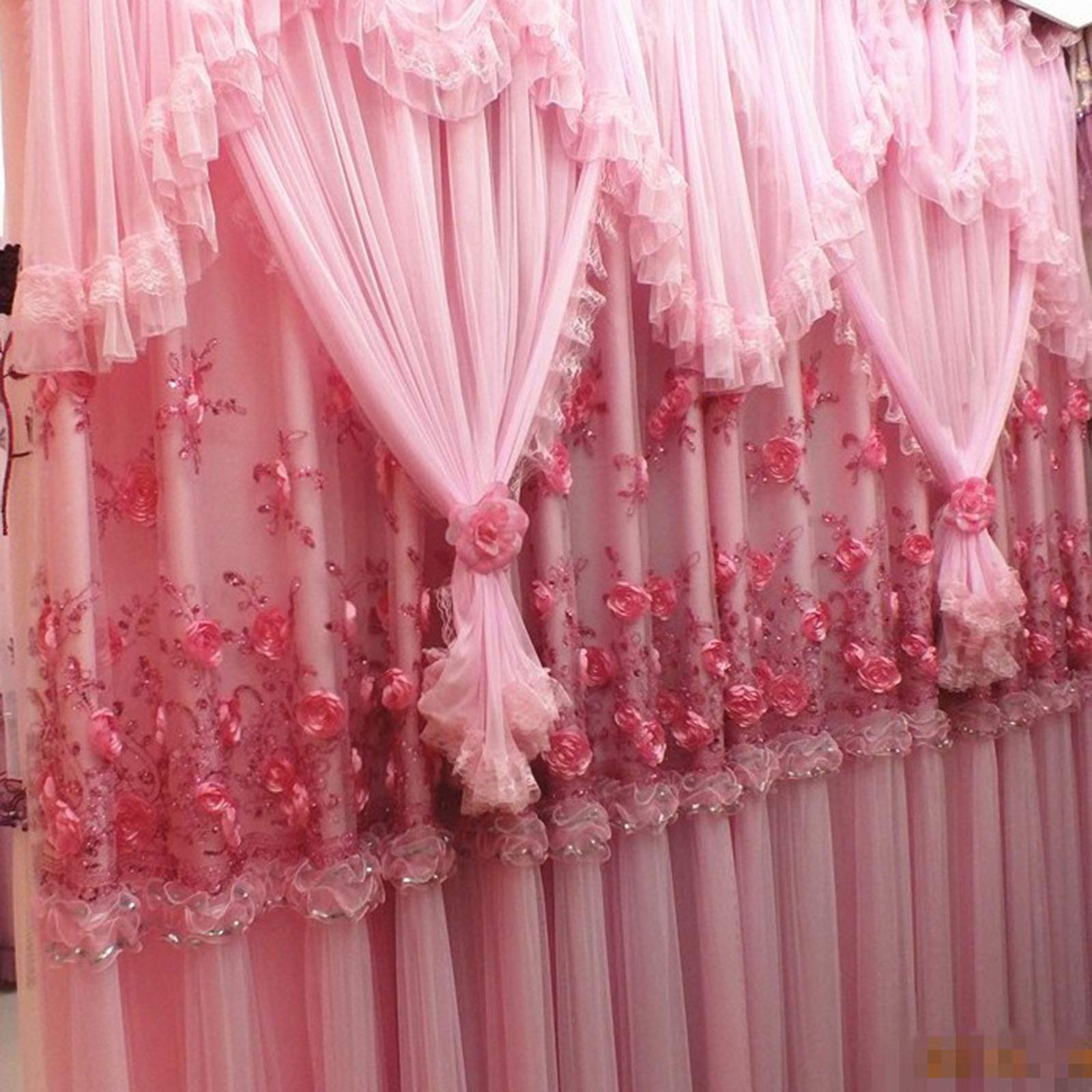 Rideau double couche occultant rose avec tulle brodé de fleurs, finitions haut de gamme 270cm