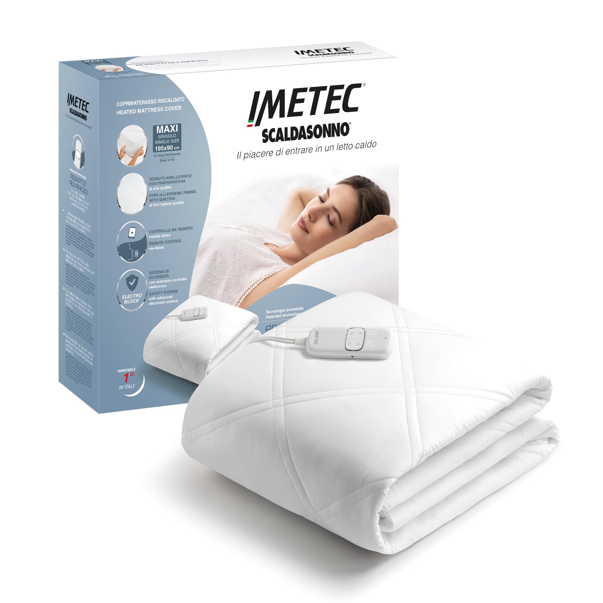 Imetec Wärmeunterbett Adapto Advanced Maxi Einzelbettgröße - Programmierbar mit Alexa, Wi-Fi Konnektivität und Sprachsteuerung, 4 exklusive Programme - 9 Temperaturen, Schnelles Aufheizen, 195 x 90 cm