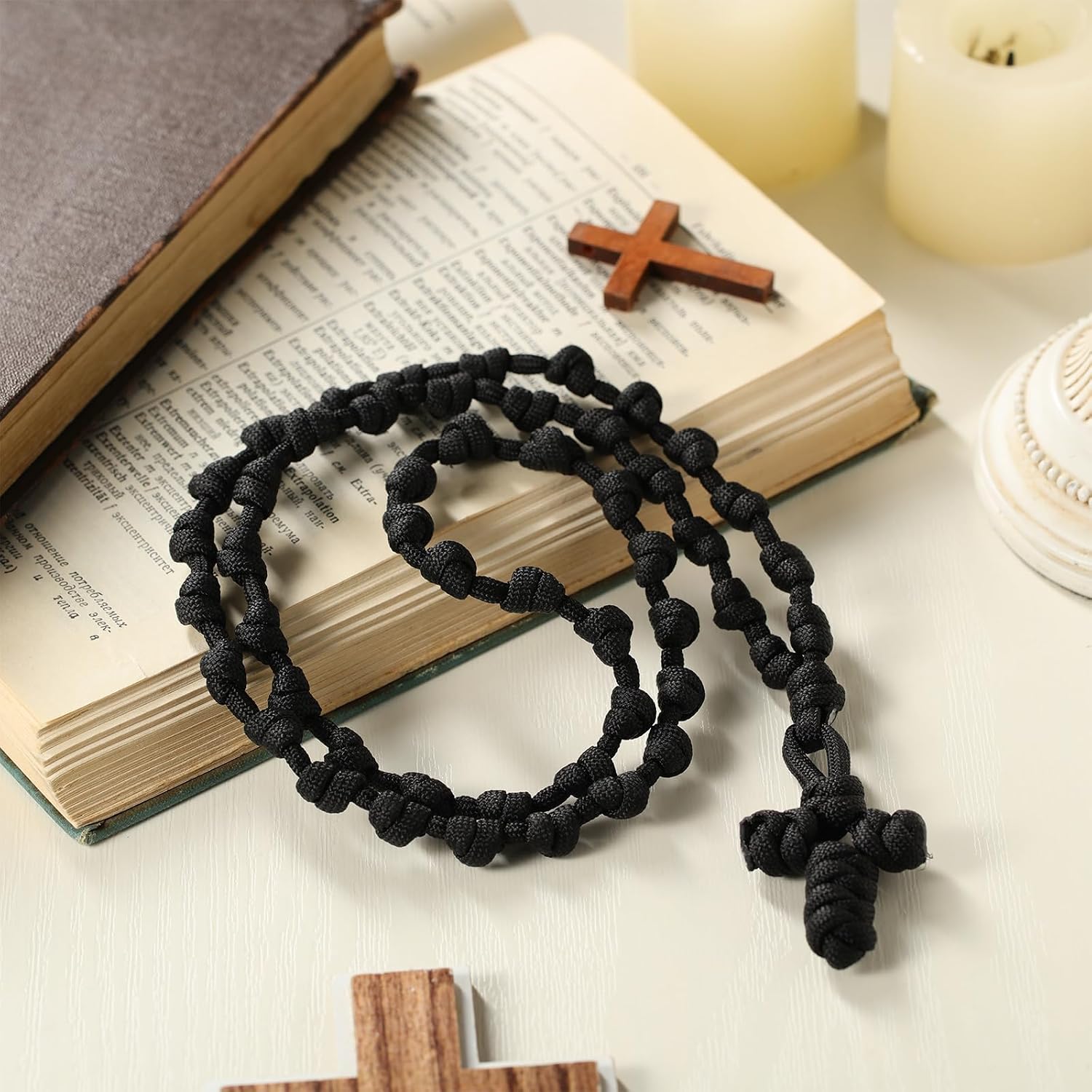 Quelay 3 Pcs Handmade Orthodox Prayer Rope 100 50 33 Knot Paracord Set Christian Greek Easter Prayer Rope Protection Blessing Cross Charm Tassel Car Hanging Charm Easter Gift(Nylon)