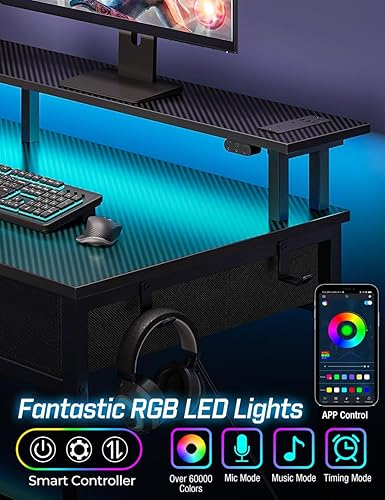 Miniatura 5 de Rolanstar Escritorio para computadora con tomas de corriente y luz LED, escritorio de oficina en casa de 55 pulgadas con 3 cajones y estantes de