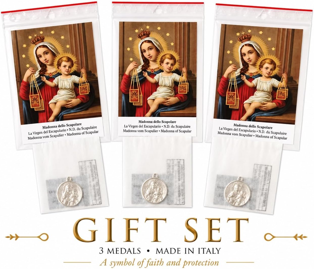 I G J Scapular Medal 3 Pack Madonna of Mount Carmel Catholic Pendant Made in Italy Silver Plated Brass Protection Faith Devotion