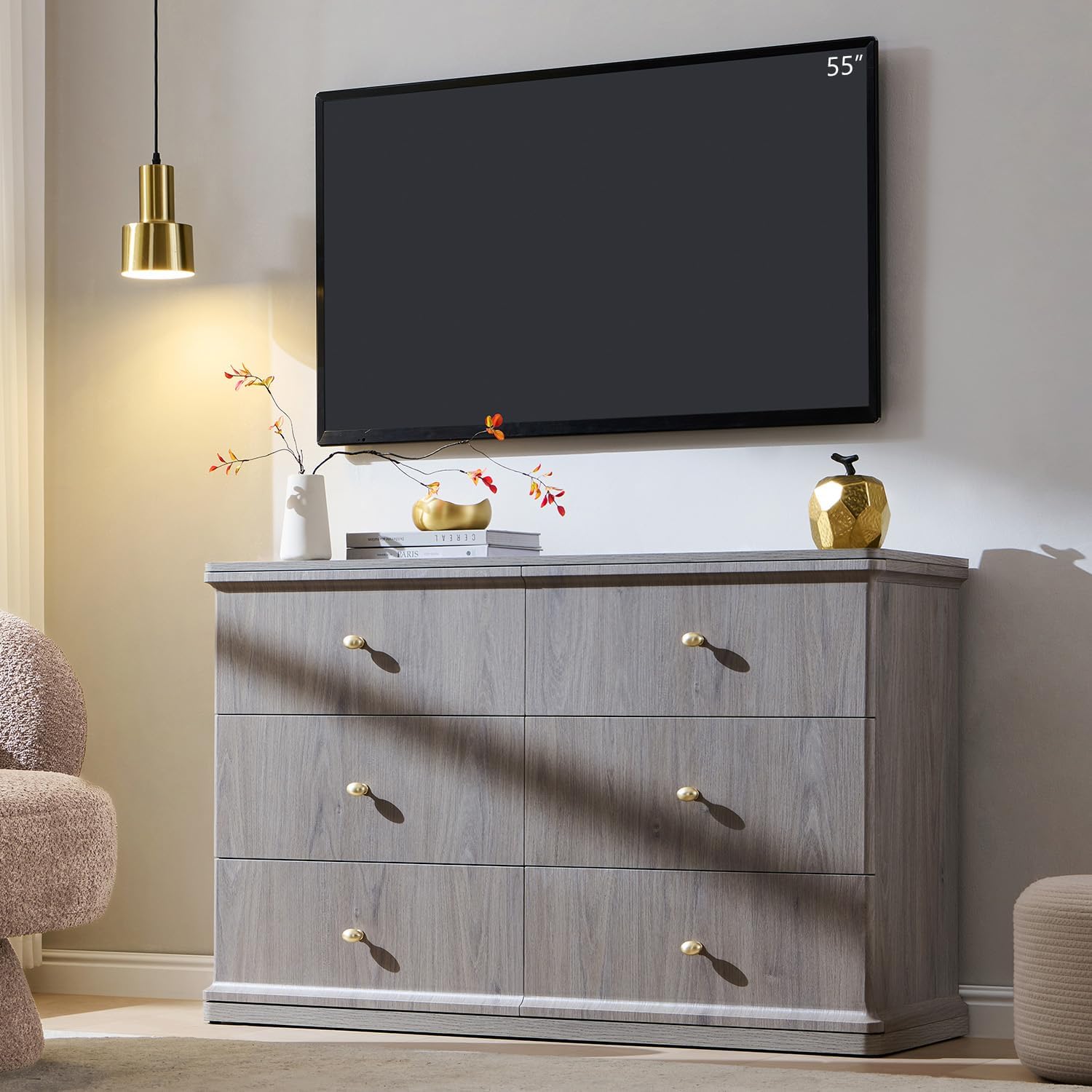 Modern 6 Drawers Dresser for Bedroom, 47" Wide Dressers, Light Grey
