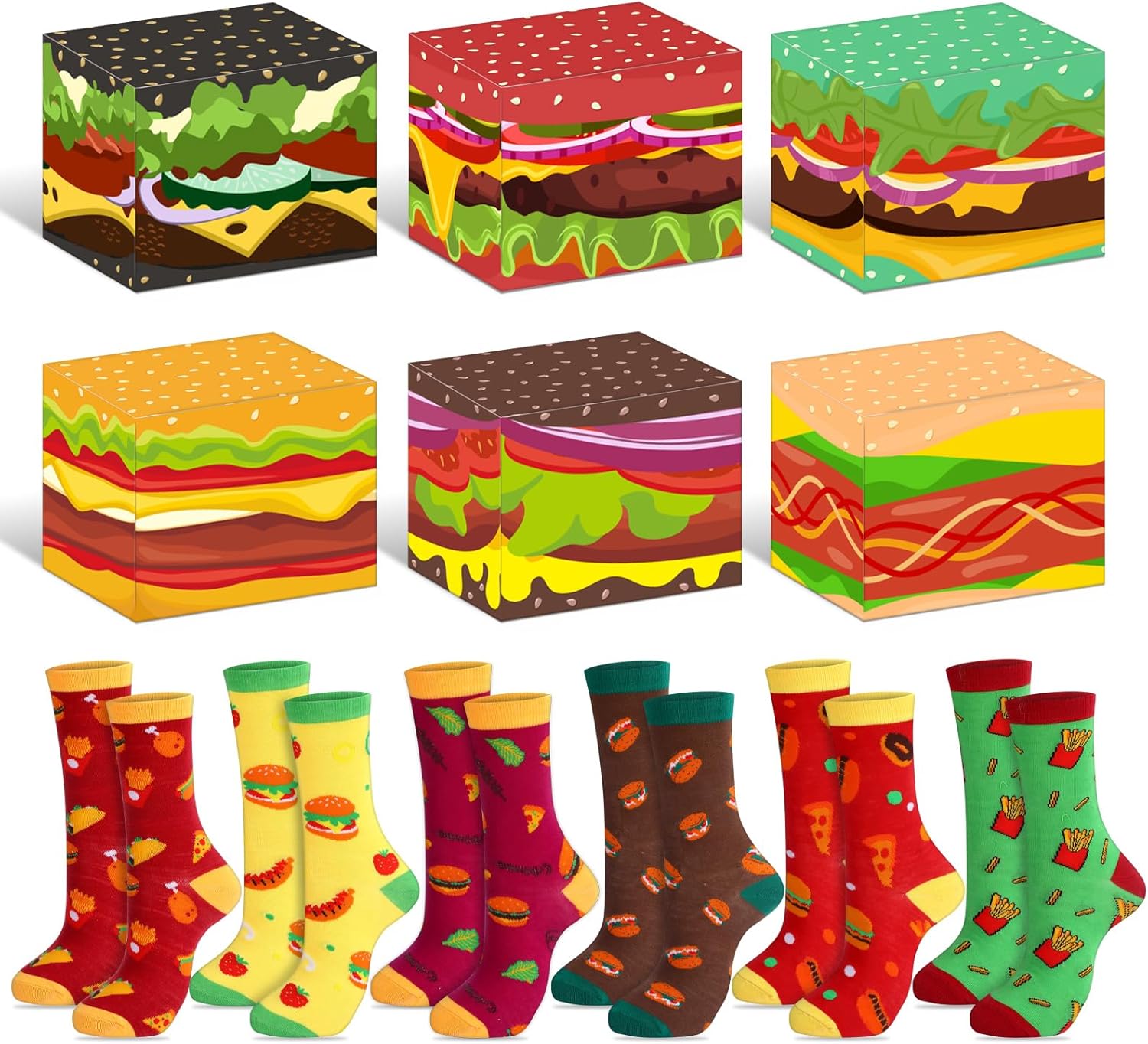 6 Pairs Food Socks for Men Hamburger Socks in a Burger Box for Novelty Christmas Stocking Stuffers Holiday Gifts