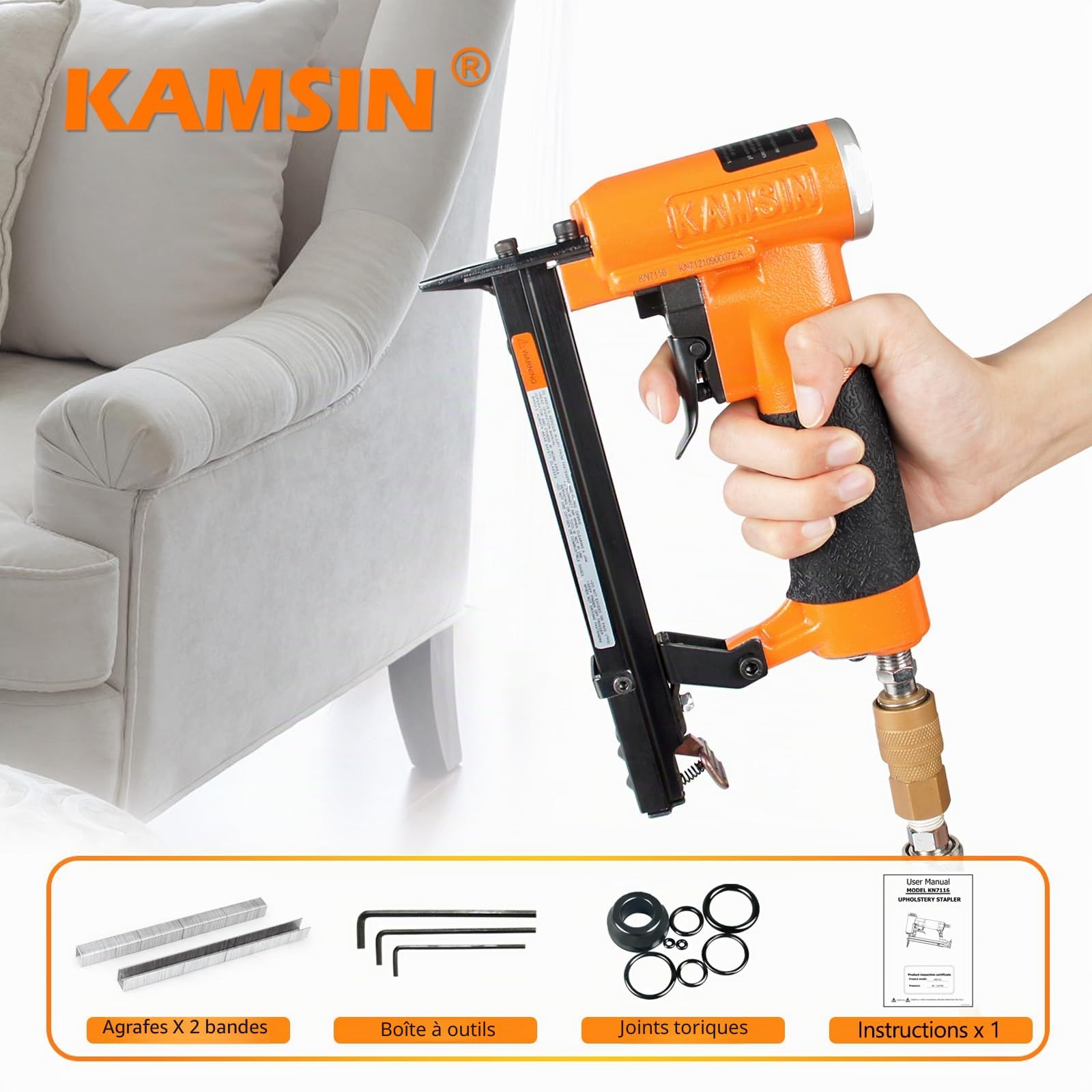 KAMSIN KN7116 Agrafeuse pneumatique pour meubles, calibre 22 Type 71, couronne de 9,0 mm, agrafeuse pneumatique pour meubles, tissus, bricolage