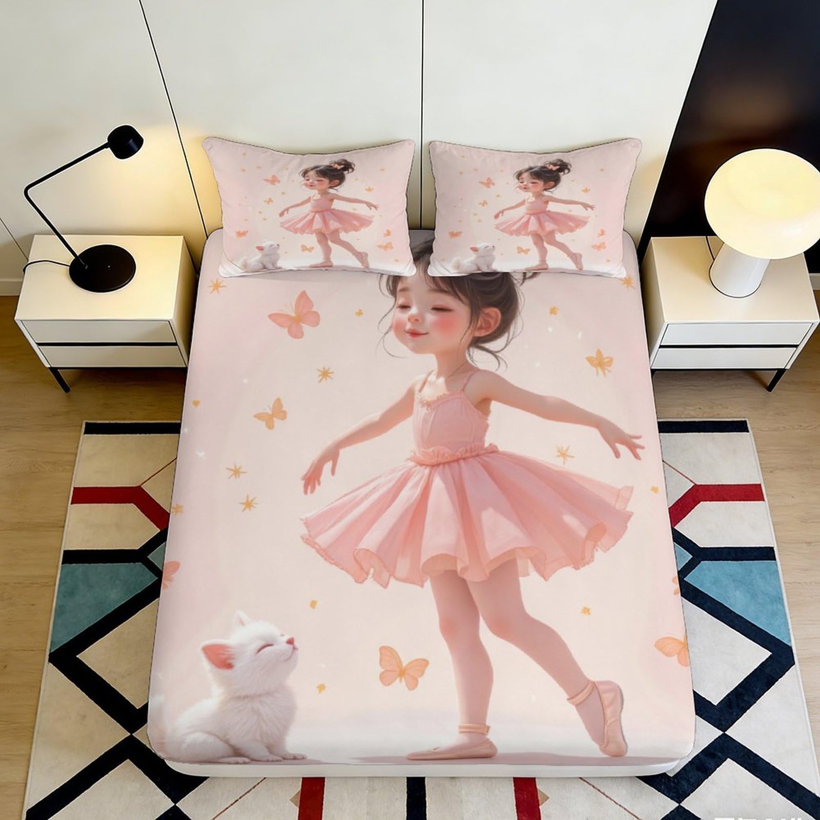3D Printed Ballet Girl Fitted Sheet Microfiber Soft Breathable Cat and Butterfly Bed Cover for Bedroom Dormitory Guest Room Mattress Protection 200x200x25cm