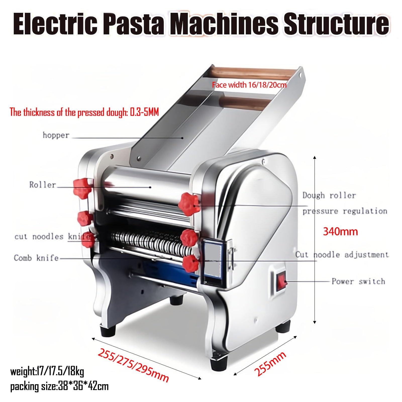 Macchina Per La Pasta Elettrica Da 550 W,Sfogliatrice Professionale 16/18/20 cm,Macchina Per Pasta Fresca Per Uso Domestico,Acciaio Inossidabile,Per Pastas/Spaghetti/Lasagne(FKM180)