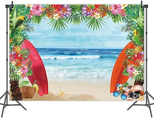 Miniatura 4 de HQM Tela de verano de 7 x 5 pies, fondo de fotos de playa tropical, concha, Hawaii, flor de mar azul, niños, cumpleaños, Luau, fiesta, fotografía,