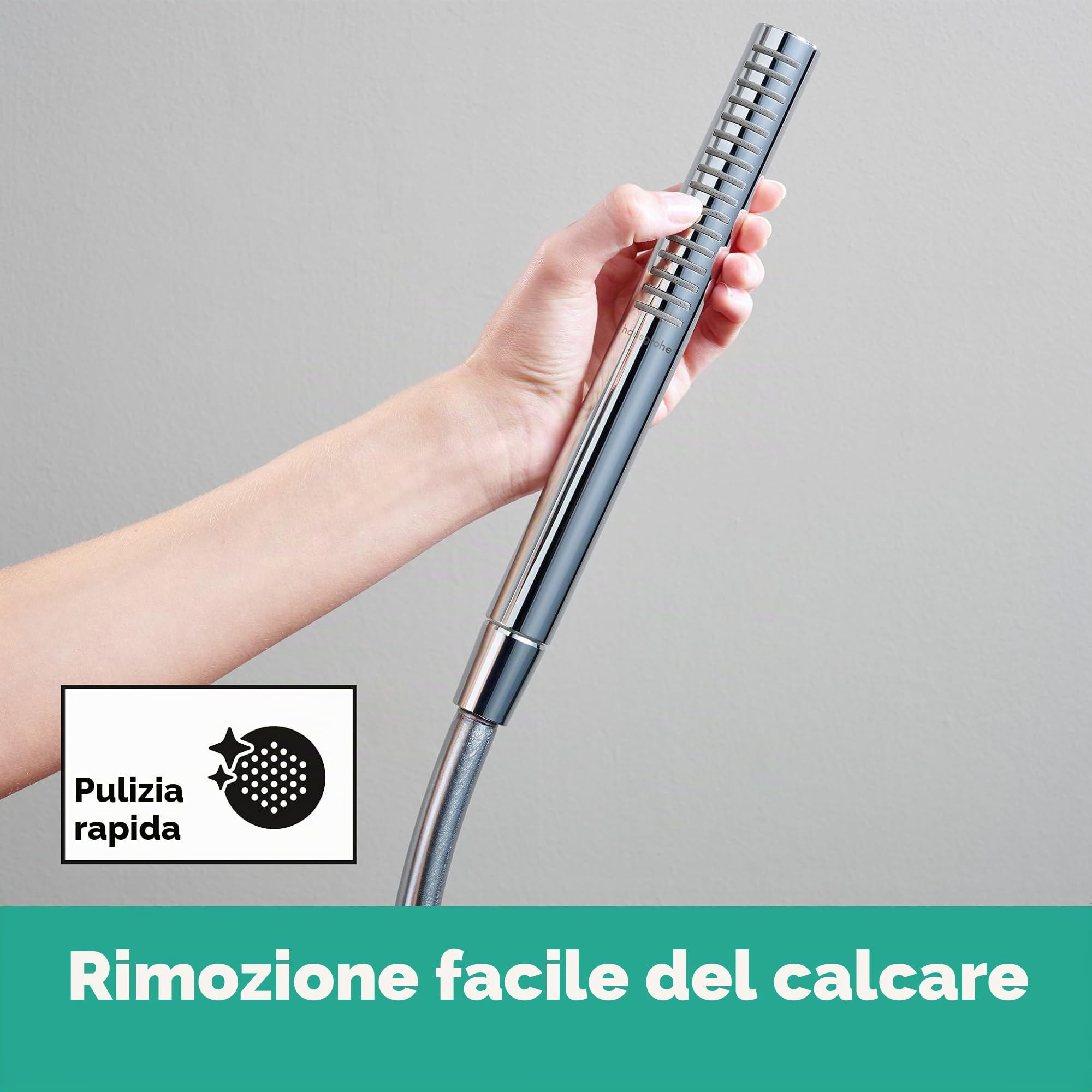 hansgrohe Pulsify S - Doccetta per doccia a risparmio idrico 5,4 l/min (EcoSmart+), Doccino con 1 getto (PowderRain), Soffione doccia con funzione anticalcare, cromo, 24126000