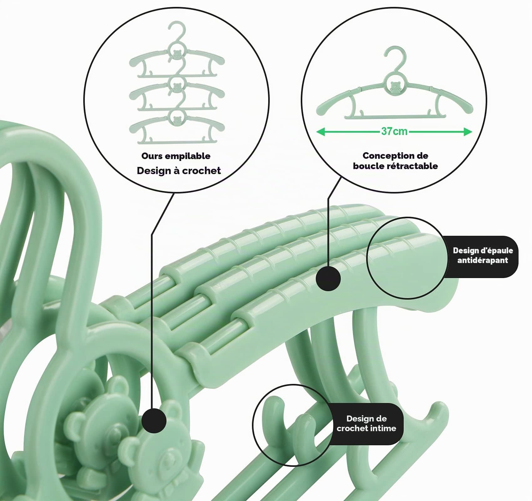 Anstore 20 Cintres en Plastique pour Enfants, 29-37cm Cintres Extensibles pour Bébé avec Crochets Empilables, Cintres Enfant pour économiser de l'espace, Antidérapants Cintres pour Vêtements (Vert)
