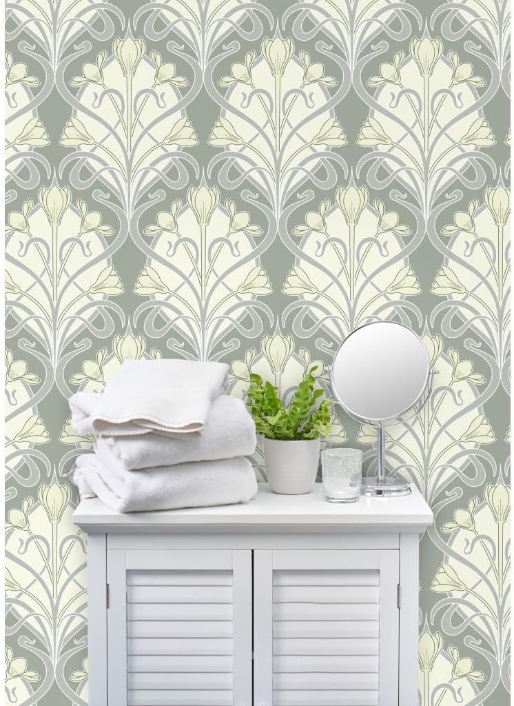 Spoonflower Commercial Grade Wallpaper 27ft x 2ft - Cream Green Flowers Art Nouveau Damask Traditional Wallpaper