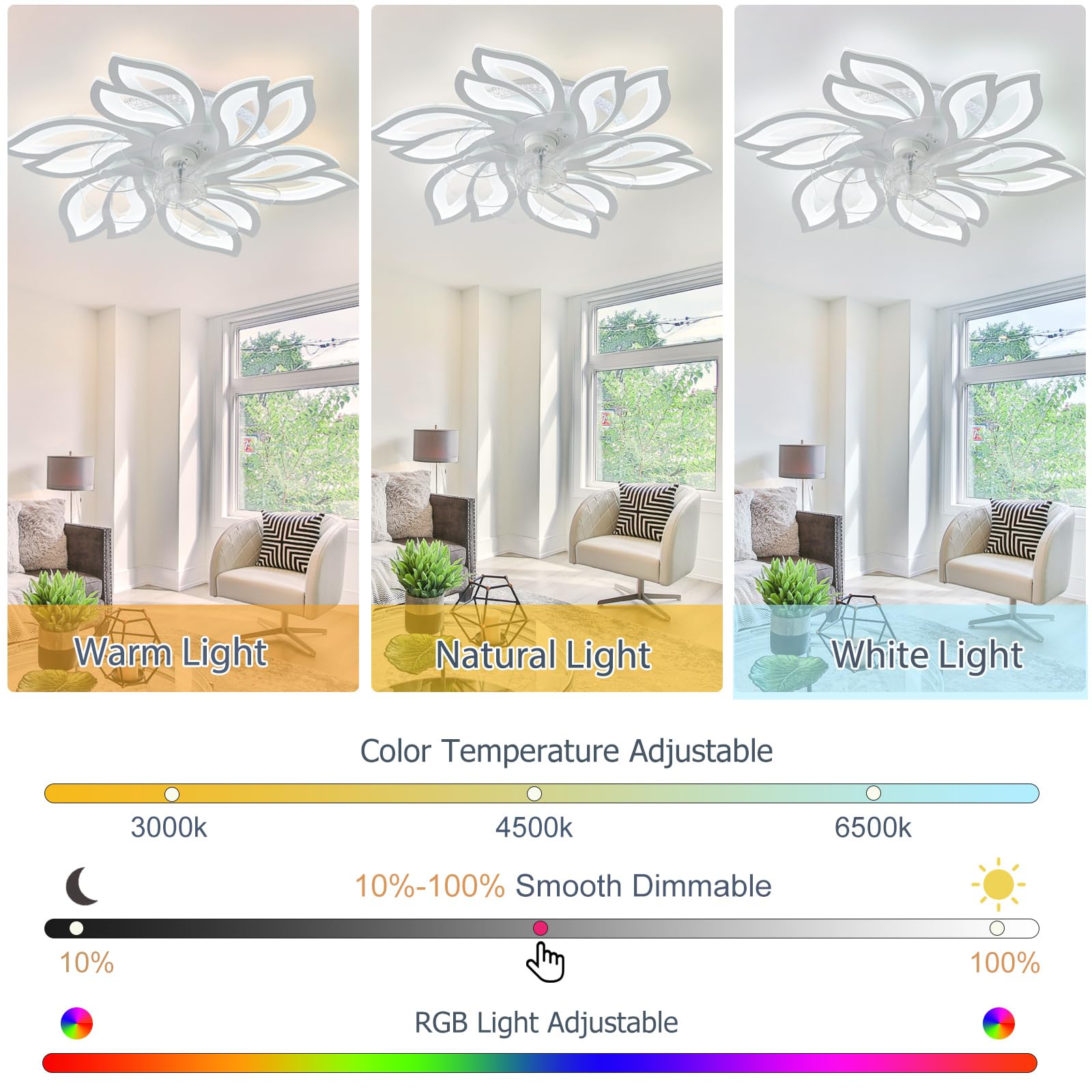 Ventilatore Da Soffitto A Forma Di Fiore RGB Con Luce E Silenzioso, Lampada A Sospensione Motore DC Dimmerabile A LED, Ventilateur De Plafond Con Luce E Telecomando, 6 Velocità